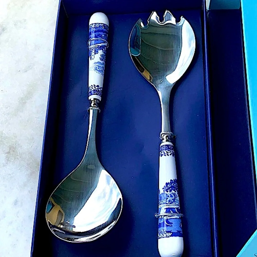 SPODE BLUE ITALIAN SALAD SERVERS SET OF 2 NIB NEW